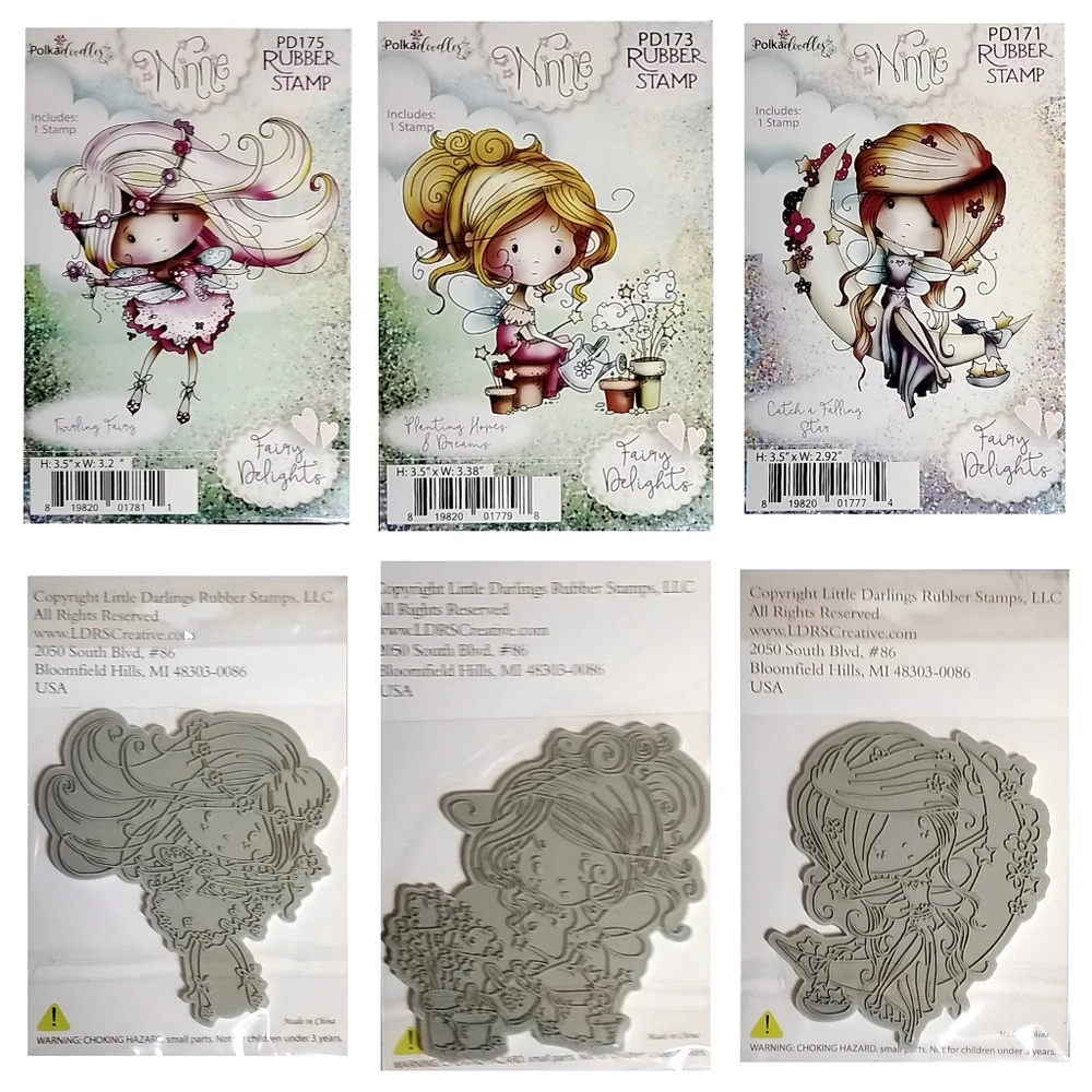 Polkadoodles Fairy Delights Winnie Rubber Stamps 3-Pc Set NWT.